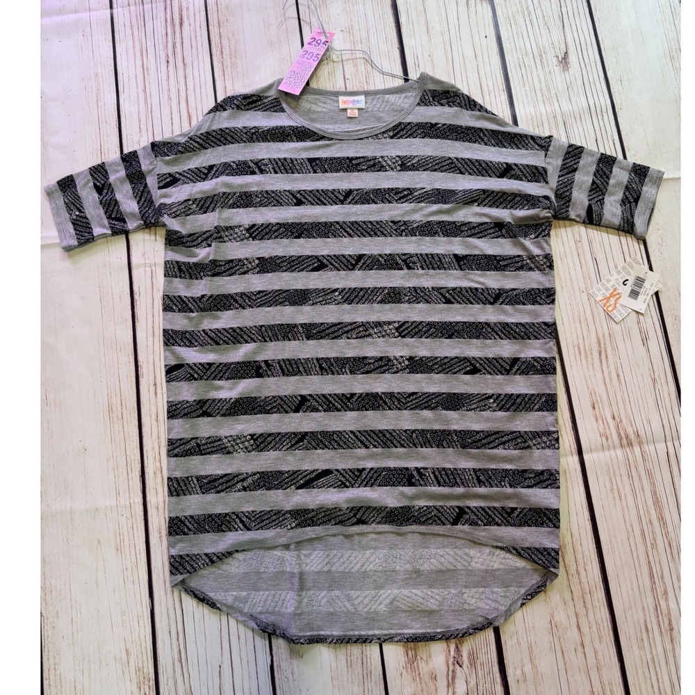 LuLaRoe Irma Tunic Top XS Grey Black Striped Short Sleeve High Low‎ Hem NEW